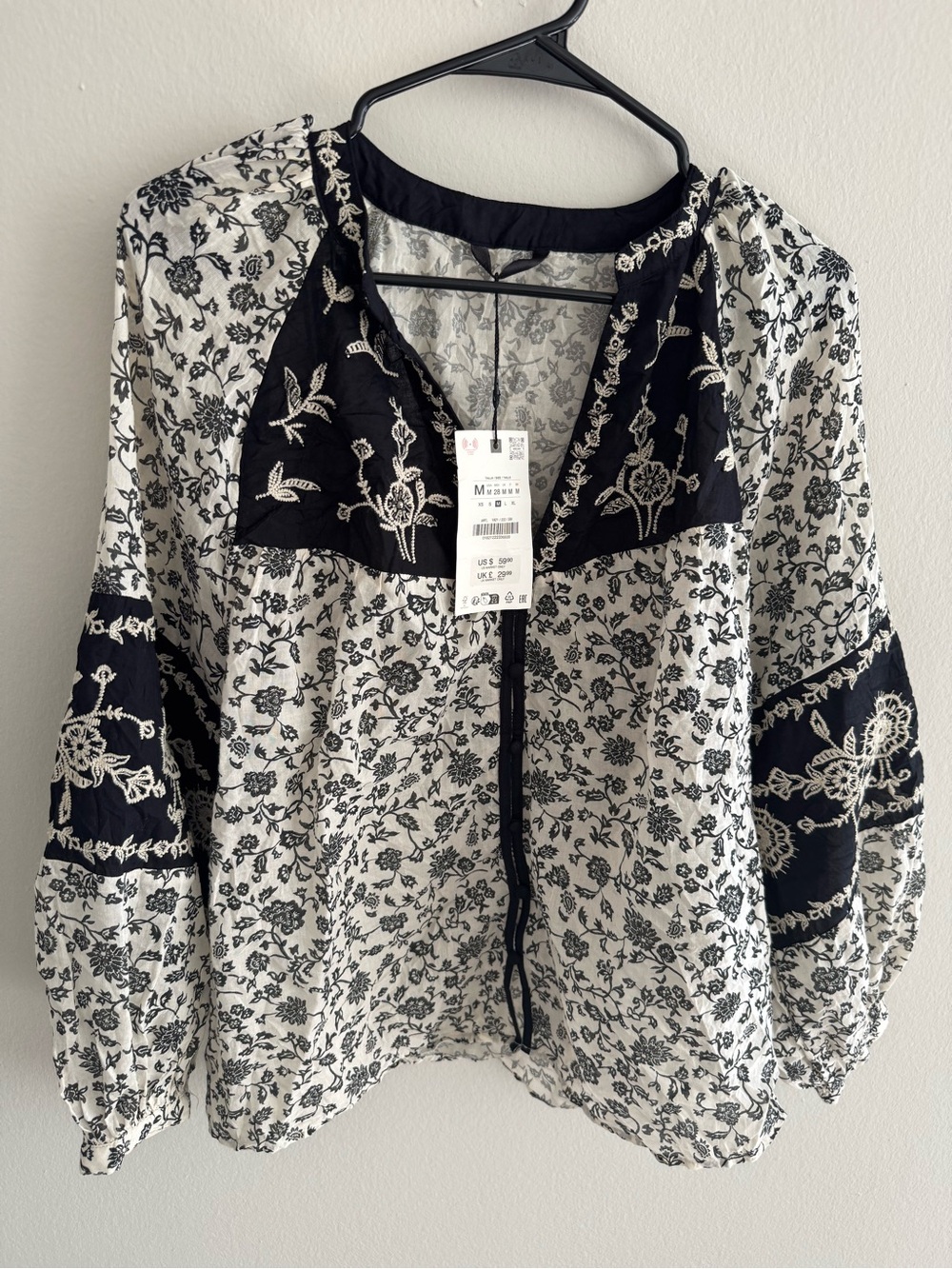 Zara Black and White Floral Embroidered Tunic